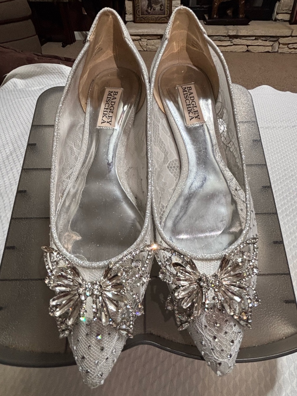 Badgley Mischka Silver Embellished Pointed Toe Flats